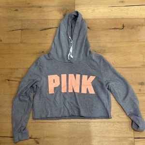 Woman’s PINK VS (grey & coral) lightweight cropped raw edge hoodie - large